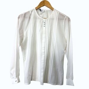 Vintage Judy Bond White Pintuck Blouse Sheer Minimalist Top Office Career USA